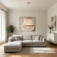 Lustre à perles de bois blanc, suspension double anneau, finition bois naturel, lampe longue moderne à suspension moyenne pour salon