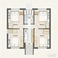 Conception de villa américaine moderne à deux étages avec plan de 3 chambres, garage pour 2 voitures, salle à manger, espaces extérieurs, design 3D