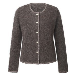 <span class=keywords><strong>Cardigan</strong></span> <span class=keywords><strong>gris</strong></span> vintage en maille à col rond et manches longues pour <span class=keywords><strong>femme</strong></span>, orné de boutons métalliques, en super mohair, à simple boutonnage - Product Image 3