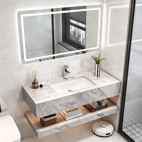 Meuble-lavabo flottant haut de gamme pour projet de villa avec vasque intégrée en pierre frittée et miroir LED anti-buée OEM/ODM