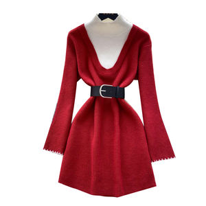 Abito Midi a collo alto autunnale <span class=keywords><strong>in</strong></span> <span class=keywords><strong>maglia</strong></span> sottile per donna abito <span class=keywords><strong>in</strong></span> pizzo Patchwork impero <span class=keywords><strong>rosso</strong></span> nero - Product Image 5