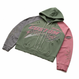Sudadera con capucha de algodón al por mayor para hombre, 500 g/m², felpa francesa, con cremallera, lavado vintage, con pedrería, patchwork, de alta calidad. - Product Image 2