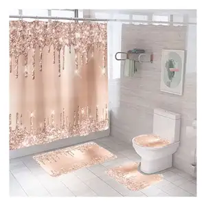 Nouveaux ensembles de tapis de salle de bain imperméables 4 pièces ensemble de rideau de douche de haute qualité mignon luxe 3d rideau de douche imprimé ensemble pour salle de bain