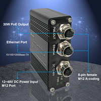 Injecteur Ethernet PoE Gigabit industriel M12, entrée large plage de tension 12~48VDC, max. 30W, IEEE802.3af/at, montage mural sur rail DIN EN50155