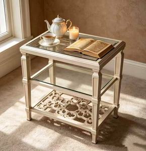 Cream <b>White</b> 3-Tier Glass Top End <b>Table</b> Living Room Accent Side <b>Table</b> with Lattice Shelf - Product Image 2