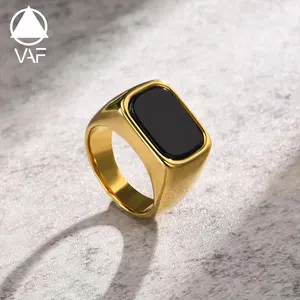 VAF paslanmaz çelik geometrik kare siyah cam taş yüzük altın erkek yüzük Bague Carree En Pierre De Verre Noir schwarzer yüzük