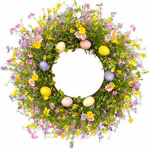 Couronne de Pâques de 45 cm avec œufs tachetés, fleurs, baies, vigne, couronne de porte artificielle, décoration murale de printemps pour la maison, <span class=keywords><strong>pastel</strong></span> - Product Image 4