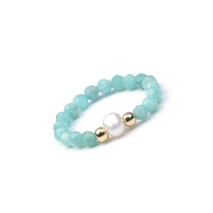 Cliobeads Single Freshwater Pearl and 3mm Faceted Chrysocolla <strong>Aquamarine</strong> Moonstone Azurite Stretchable Natural <strong>Stone</strong> <strong>Ring</strong> - Product Image 6