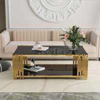 Meubles de salon, table basse rectangulaire moderne en verre noir avec base dorée en acier inoxydable 201
