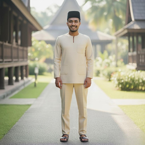 TELUK BELANG Malasia SIPO atuendo islámico: Kurta negro con <span class=keywords><strong>cuello</strong></span> en V <span class=keywords><strong>y</strong></span> sombrero negro, camino <span class=keywords><strong>de</strong></span> madera - Product Image 4