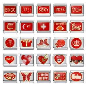 Bracelet modulaire italien en acier inoxydable rouge, élastique à assembler soi-même, motifs Cœur, Couronne, Papillon, Lèvres, Boule, Lettre, Aliment, Animal, Plante, Cadeau - Product Image 1