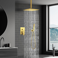 Système de douche de luxe noir mat, kit de douche carré à effet pluie avec douchette à main, robinet de douche en laiton encastré avec valve