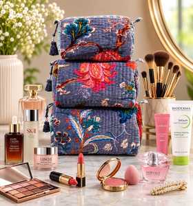 Juego de 3 Bolsas de Aseo Acolchadas de Terciopelo con Estampado Floral de Algodón Indio - Product Image 5