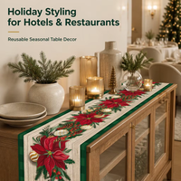 Chemin de table de Noël personnalisé en lin imprimé Poinsettia, décoration de table de repas de fête, décoration festive pour la maison