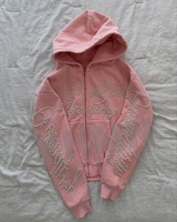 Blouson à capuche zippé en jean épais délavé à l'acide, personnalisé, unisexe, vintage, avec broderie 3D de perles et strass, pour homme