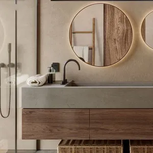 Dark Grey Slate Stone OEM Waterproof Bathroom Cabinet Wall-hung Vanity With LED Light Mirror Cabinet