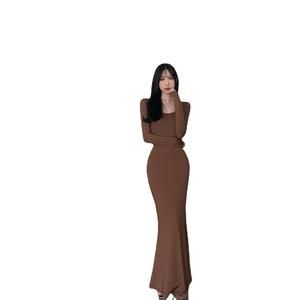Long Sleeve Fishtail Bodycon Dress For Women Light Gray O Neck Slim Fit Casual Daily Wear Solid Color Splicing Design - Product Image 5
