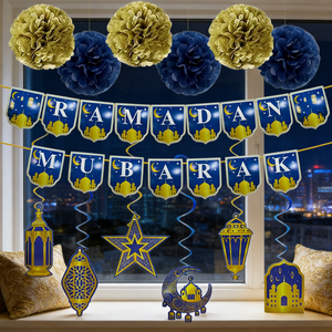 Set de Decoración para Fiesta de Ramadán 640409 - 1 Pancarta, 6 Espirales Colgantes, 6 Pompones, Tema Azul y Dorado, 13 Piezas Pequeñas de Papel - Product Image 1