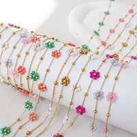 Ensemble collier et bracelet en acier inoxydable, style bohème, fait main, avec fleurs colorées en perles de millet