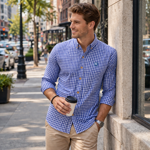 Nuova <span class=keywords><strong>Camicia</strong></span> Personalizzata con Logo, Formale da <span class=keywords><strong>Uomo</strong></span> <span class=keywords><strong>a</strong></span> Maniche Lunghe, <span class=keywords><strong>a</strong></span> <span class=keywords><strong>Righe</strong></span> <span class=keywords><strong>Blu</strong></span> <span class=keywords><strong>e</strong></span> Bianche, <span class=keywords><strong>a</strong></span> Quadretti Gingham, con Bottoni, Taglie Forti, Casual - Product Image 5