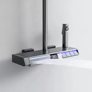 LED Digital Bathroom Shower System Five Functions Piano Key Innovative Atmosphere Lamp Thermostat Waterfall Shower Set