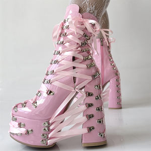 Botines de Mujer Talla Grande 47 con Hebillas Metálicas, Ajuste <span class=keywords><strong>Ancho</strong></span>, Tacones Gruesos Altos, <span class=keywords><strong>Plataforma</strong></span>, Zapatos de Charol, Botines Cortos con Cordones Cruzados - Product Image 5