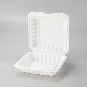 8x8 Inch MFPP Mineral Filled Plastic PP White Clamshell Takeout Bento Box Ecofriendly Three Compartment Hinged Food Container