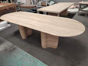 SH STONE Diseño personalizado Muebles ovalados Piedra natural Beige Travertino Grandes mesas de comedor de mármol de lujo - Product Image 2