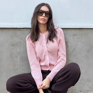 Kardigan Rajut Akrilik Bergaris Gaya Korea Elegan untuk Wanita, Model Kerah V Tanpa Kancing, Jaket Sweater Rajut untuk Musim Gugur - Product Image 1