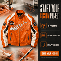 Blouson de moto personnalisé pour homme, orange, avec patch, col à boutons-pression, fermeture éclair, broderie, en cuir, fabrication OEM, marque privée