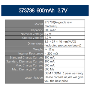 373738 600mAh 3.7V(A-grade raw materials)Wholesale Lithium <b>Polymer</b> Battery Cell High Capacity Slim Rechargeable Lithium <b>Polymer</b> - Product Image 2