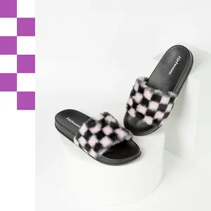 china branded fashionable women shoes winter cotton white checkerboard slide slippers for young