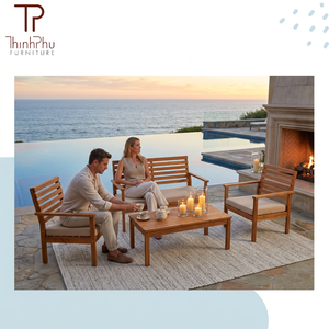 Ensemble de canapés de jardin en bois, style méditerranéen, mobilier d'extérieur avec coussins blancs, design durable pour usage en terrasse - Product Image 4
