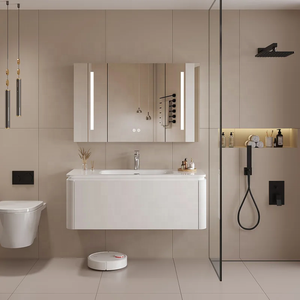 Mobile Bagno Moderno Personalizzato Bianco Crema da Parete con Specchio LED Intelligente e Lavabo Integrato - Product Image 1