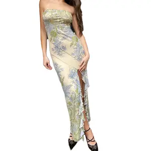 Relaxed Casual Sexy Mesh Floral Printed Bodycon Off-shoulder Ruffled Dress Designer Touch Tailored Excellence Women Apparel