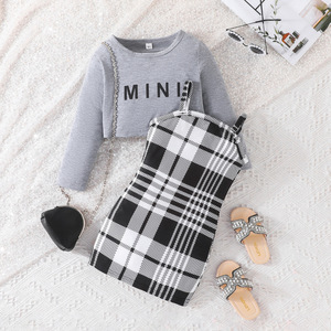 Top europeo e americano nuovo Design da ragazza con scritta a maniche lunghe Plaid abito Spaghetti in due pezzi alla moda Set Casual per bambini - Product Image 3