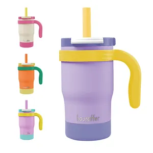 Gobelet de voyage pour enfants de 14 oz en acier inoxydable avec paille en silicone et poignée bouteille d'eau à couvercle rabattable 3-en-1 étanche pour enfants