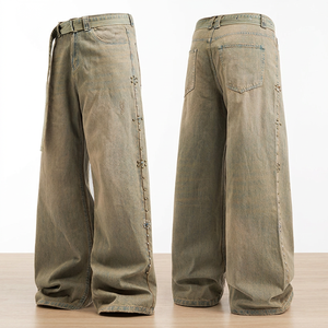 Jean en denim délavé avec ceinture à perles pour le printemps et l'été 2026, nouveau pantalon décontracté rétro américain délavé et usé - Product Image 1