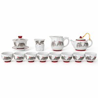 Service à thé en porcelaine chinoise paysagère 13 pièces, comprenant une théière Gaiwan, une carafe de distribution et 8 tasses, motif Montagne en peinture à l'encre, coffret cadeau