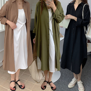 İlkbahar Yaz Kadın Günlük Bluzlar Pamuklu Keten Uzun Kollu Cepli Ceket Slim Fit 2026 Tek Göğüslü Uzun Gömlek Elbise - Product Image 1