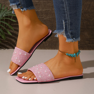 Sandalias Planas de Mujer con Punta de Acero y Pedrería de Perlas en 5 Colores, Tallas Grandes 35-43, Modelo 611, Lujosas, Modernas y Suaves para la Playa - Product Image 6