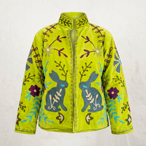 Green Velvet Embroidered Bomber <b>Jacket</b> Solid <b>Pattern</b> Stand Collar Full Sleeve Spring <b>Quilted</b> Handwork Design Eco-Friendly - Product Image 1