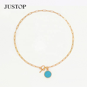 Collar de Moda con Colgante de Moneda Turquesa y Cadena de Eslabones con Hebilla en Forma de Corazón, Chapado en Rodio, de Acero Inoxidable Ecológico para Mujer - Product Image 3