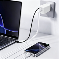 Cargador GaN Rápido de 45W con Cable Retráctil y Enchufe Plegable, Puertos USB-C y USB, Carga PD3.0, Cargador Universal para Teléfono Móvil
