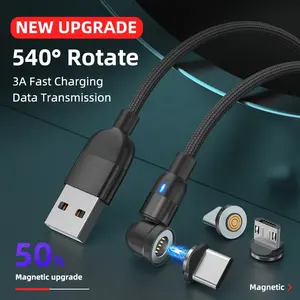 무료 배송 540 회전 Led 마이크로 Usb 3A 빠른 충전 유형 C 마그네틱 충전 케이블 데이터 전송