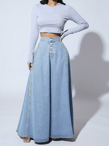 <span class=keywords><strong>Jupe</strong></span> <span class=keywords><strong>Longue</strong></span> Classique en Jean Bleu Coupe Évasée avec Grand Ourlet - Product Image 2