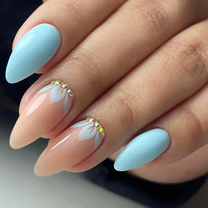 En gros, capsules d'ongles à presser de luxe, longues, forme amande, bleues, style French, avec motifs personnalisés, différentes tailles, marque privée - Product Image 1