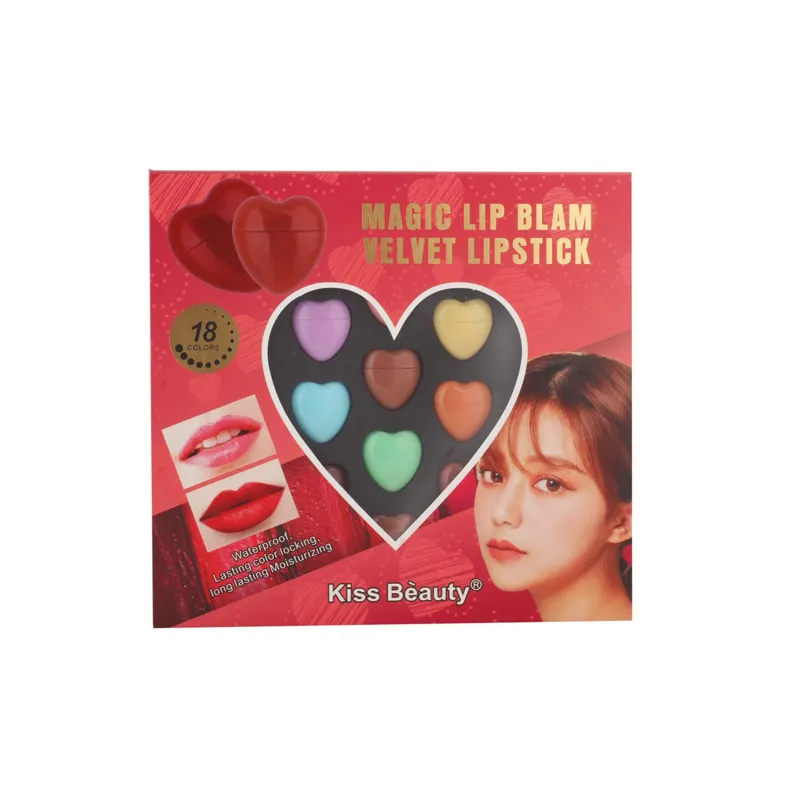 Kiss Beauty 18 Colors Waterproof Lasting Color Heart Shape Moisturizing Magic Lip Balm Velvet Lipstick Set