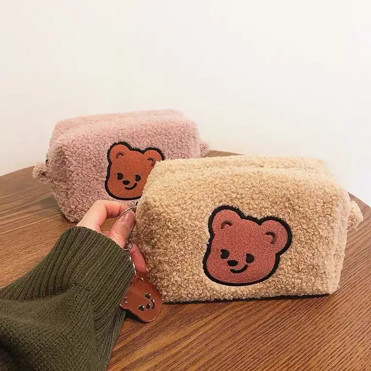 Custom Cute Plush Bear Girls Cosmetic Pouch Organize Travel Makeup Bag Winter Terry Cloth Cosmetic Bags Pouch