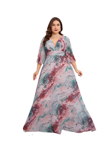 Robe de soirée élégante à col en V en mousseline de soie plissée à manches cloche, motif floral coupé au hasard, teinture par immersion, imprimé numérique de flou végétal - Product Image 1